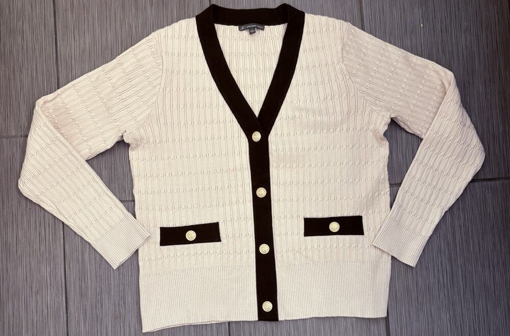 Adrianna Papell V-neck Textured Cableknit cardigan Women’s Large Cream/Black